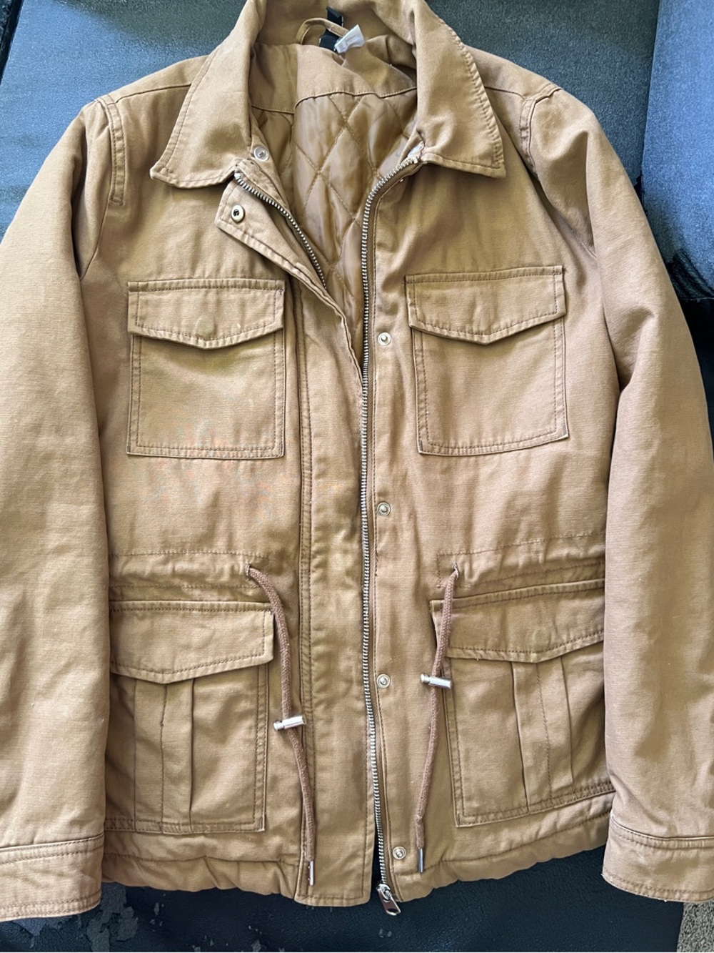 Divided Caramel Utility Trench Coat with Drawcord Waist